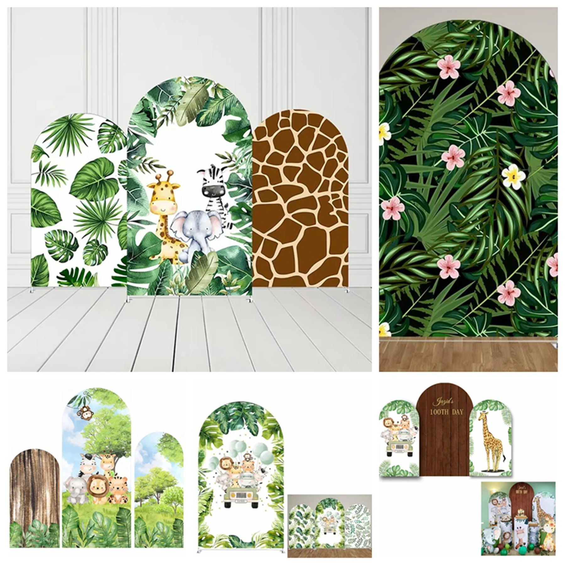 

Jungle wildlife arch background tropical leaves giraffe leopard pattern birthday party decoration background props