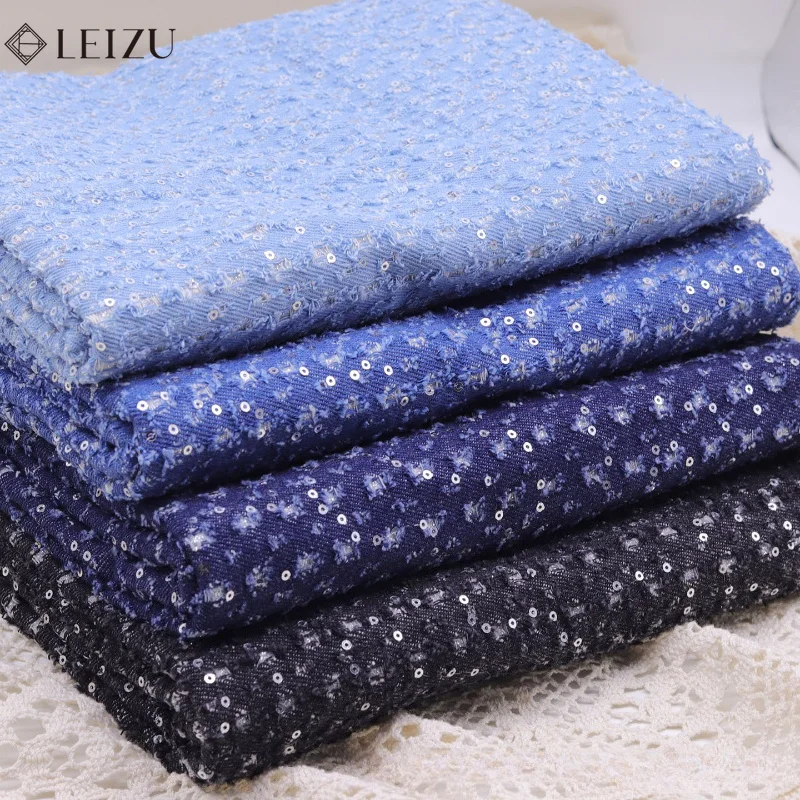 0.5/1/2M Embroidered Sequins Washed Denim Fabric for DIY Sewing Clothing,Outerwear,Luggage,Coat Accessories Fabrics By The Meter