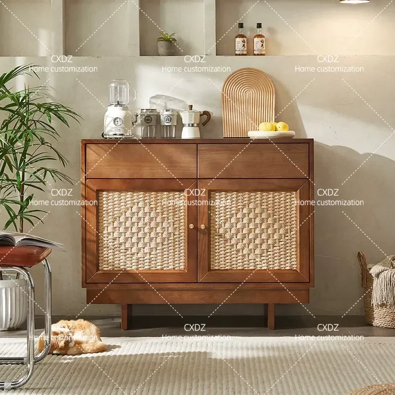 Solid Wood Dining Side Cabinet Modern Living Room Tea Cabinet Japanese Rattan Entrance TV Cabinet Locker Storage