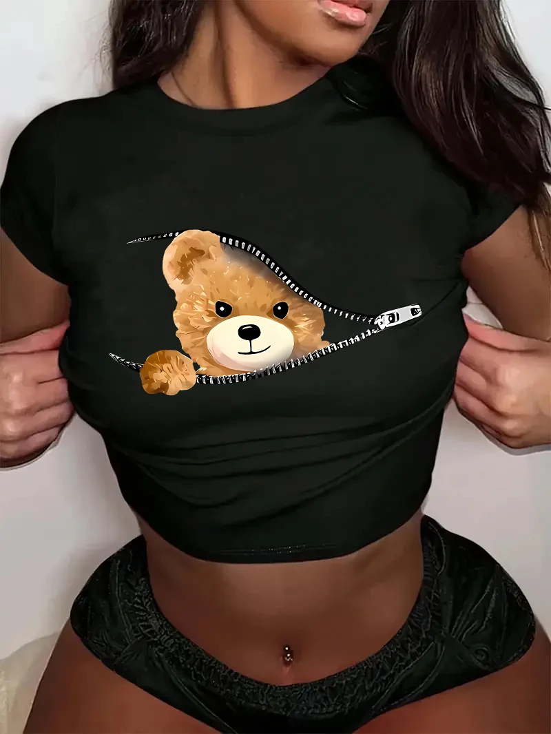 مضحك Kawaii الدب تصميم اقتصاص الفتيات المحاصيل الأعلى تي شيرت المرأة طباعة قميص تي شيرت مثير الأعلى المحملة #2