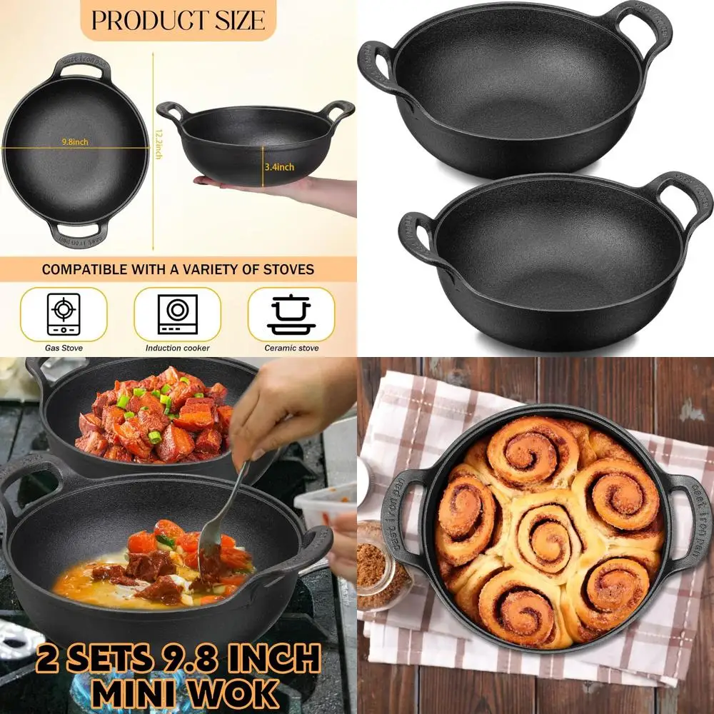 

10-дюймовый чугунный мини-набор вок с антипригарным покрытием, петлевой ручкой, предварительно приправленный, подходит для всех типов плиты, черный