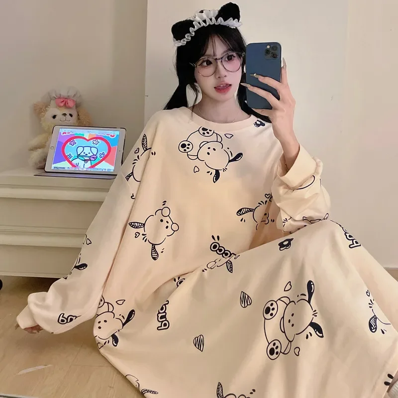 

Pochacco женская спальная юбка Kawaii с героями мультфильмов для молодых девушек, осенняя пижама с длинными рукавами для сна, домашняя одежда Hello Kitty, платье
