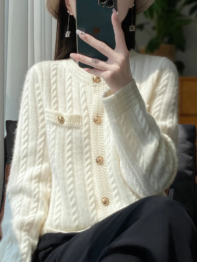 

Women's Pure Wool O-neck Cardigan Sweater 100% Merino Wool Knitwear Autumn Winter Thick Twist Flower Long Sleeve Clothing Tops