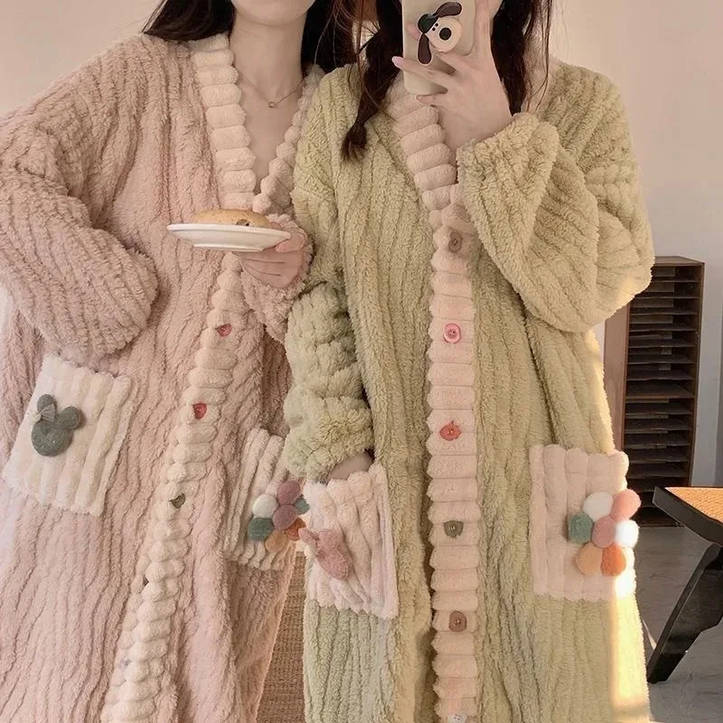 

Rainbow Coral Robe Women's Thiened Long Home Clothes Autumn Winter Warm Home Batobe Sweet Open Cardigan 40-70kg