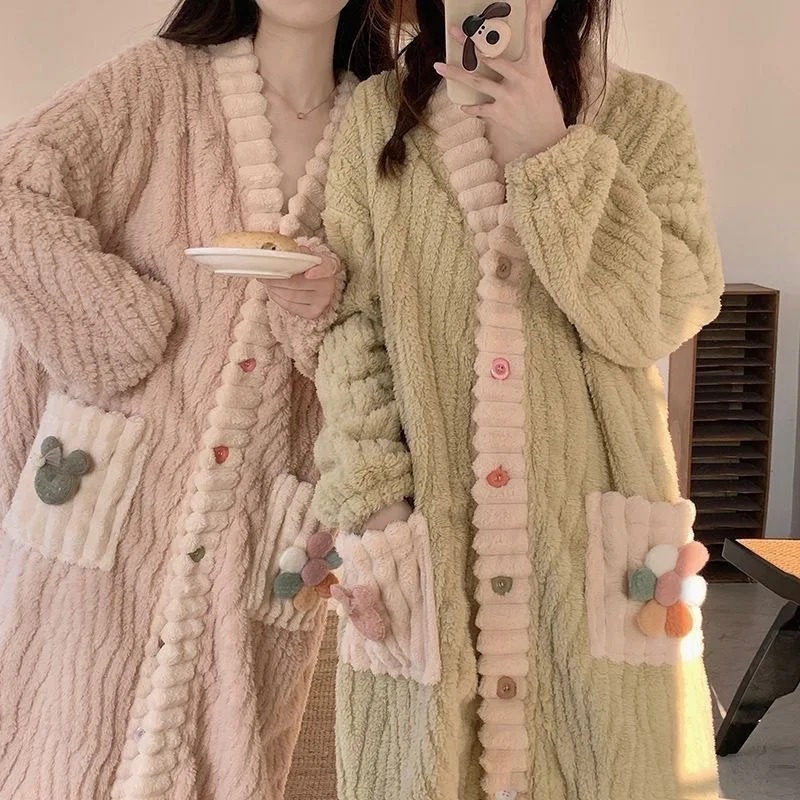  Rainbow Coral Robe Women's Thiened Long Home Clothes Autumn Winter Warm Home Batobe Sweet Open Cardigan 40-70kg 