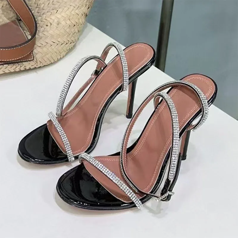 

Summer High Heels Sandals Women Patent Leather Rhinestone Runway Shoes Women Thin Heels Crystal Ankle Strap Sandals Woman