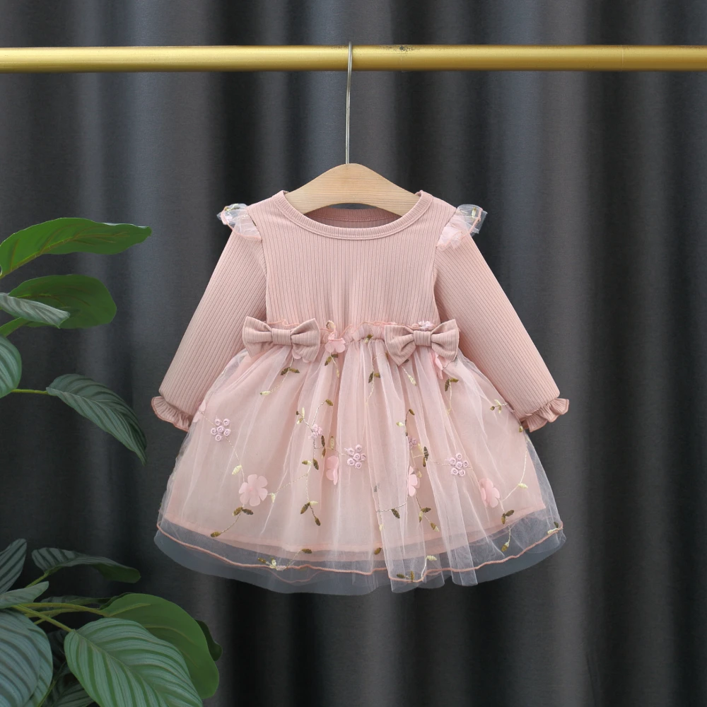 New Cute Long Sleeve Girls' Dress Spring and Autumn Baby Girl Solid Color Top Splicing Two Bow Flower Mesh Dress