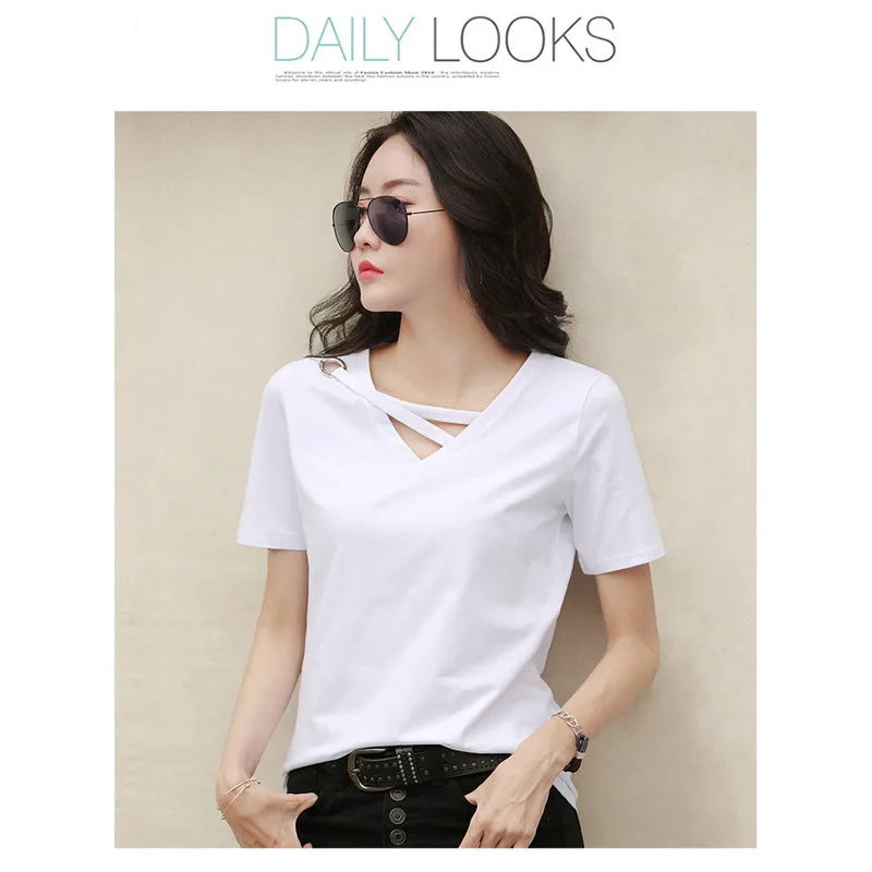 Short Sleeved Women's 2024 New Summer White T-shirt Women's V-neck Loose Korean Black Top Casual Trend Fashion Design