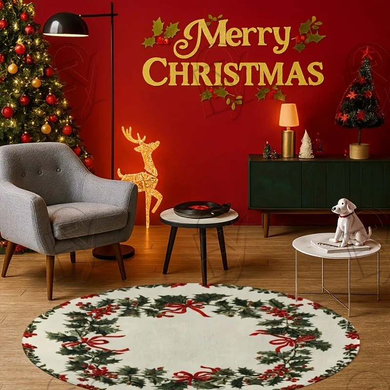 Classic Christmas Holly Leaf Round Rug Red Berry Bow Ribbon Circular Carpet Living Room Winter Holiday Decor Bedroom
