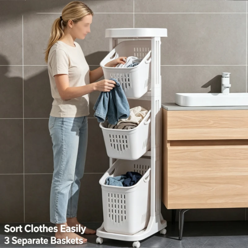 Rolling Laundry Basket Storage Cart With Three Tier Plastic Hampers For Bathroom Bedroom Living Room Home Organization Use