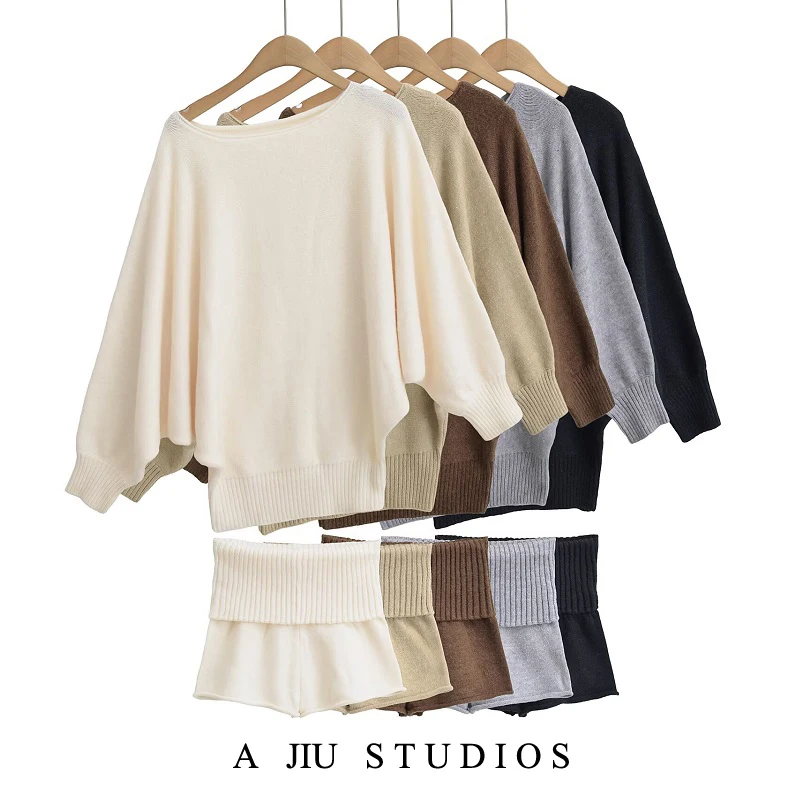 

Street Sle Loose Fit Knitted Sweater One oulder Batwing Sve Slant Collar Pure Color Spring Autumn Pure Desire Girl Outfit