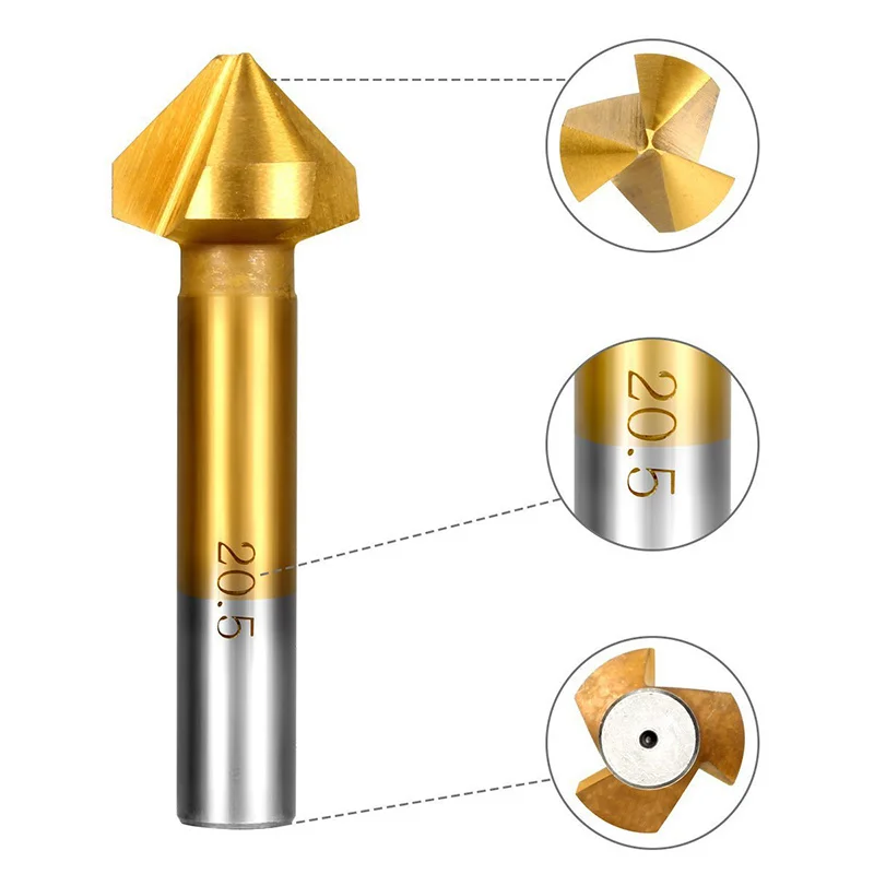 Chamfering End Mill Tool Countersink Drill Bit Metal Wood Three-Blade 90 Degree High Speed Steel Titanium-Coated Deburring Hole