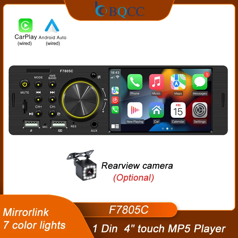 BQCC 1 Din4.1Inch Touchscreen Car Radio wired Android auto carplay Bluetooth FM USB Mirrorlink 7 colorful lights  car stereo