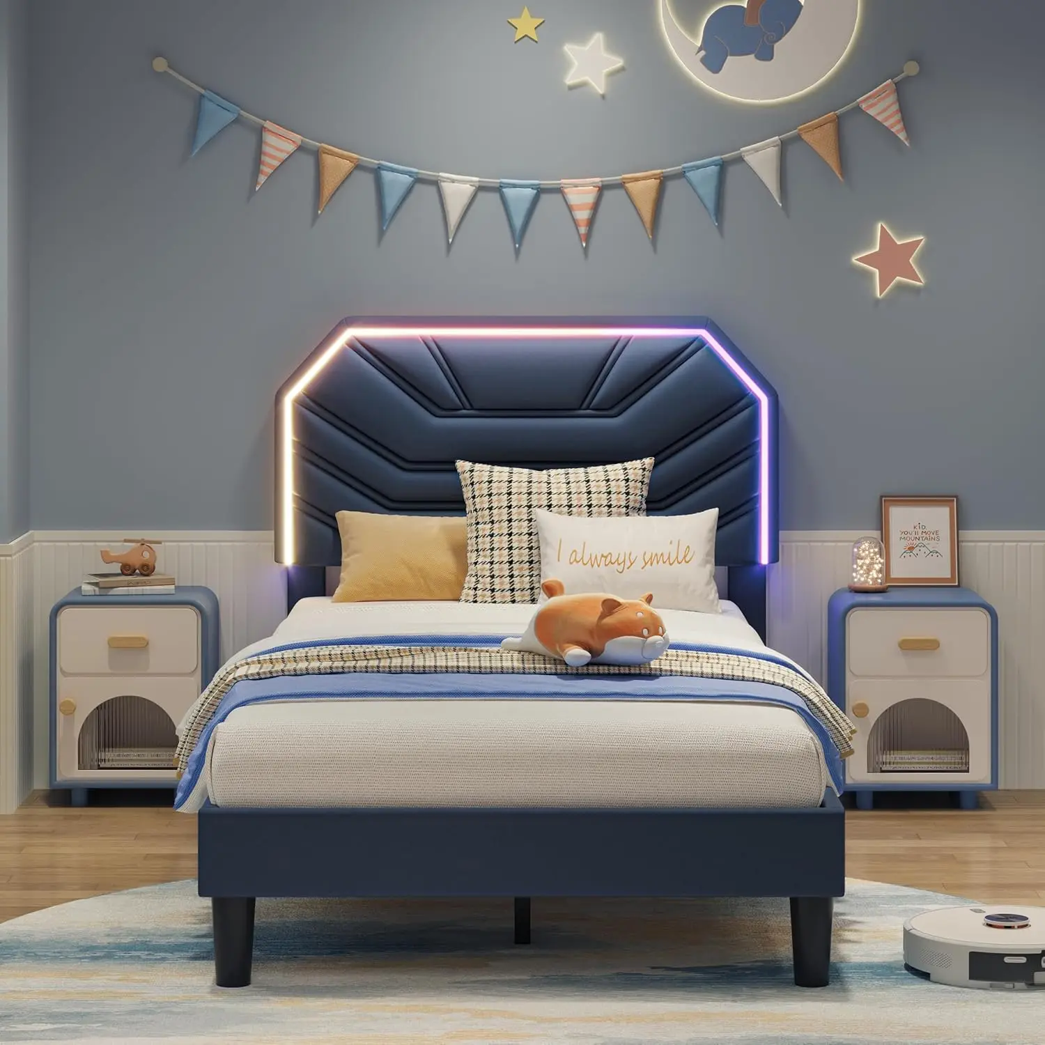 إطارات سرير LIKIMIO Twin / Twin XL مع لوح رأسي مضاء، سرير منجد حديث بمنصة كاما مزدوجة مع دعامات شديدة التحمل