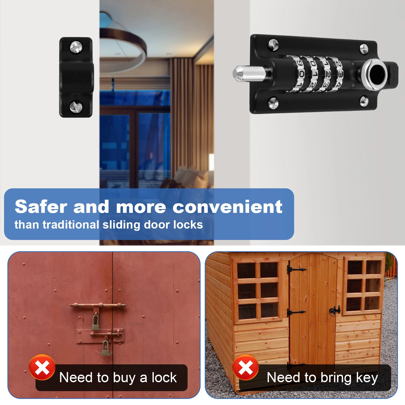 Combination Locking Bolt Zinc Alloy 4 Digit Combination Sliding Door Lock Keyless Slide Bolt Lock Security Slide Latch Lock