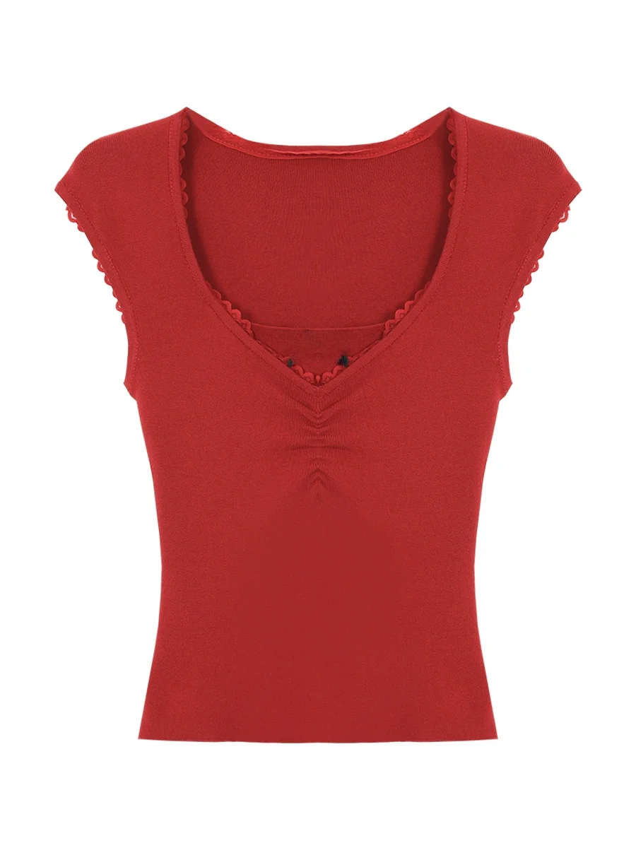 T-shirt rossa lavorata a maglia ort Sve da donna Faionable Summer Trendy oulder Fit Abbigliamento casual Pendolarismo Sle Top dimagrante