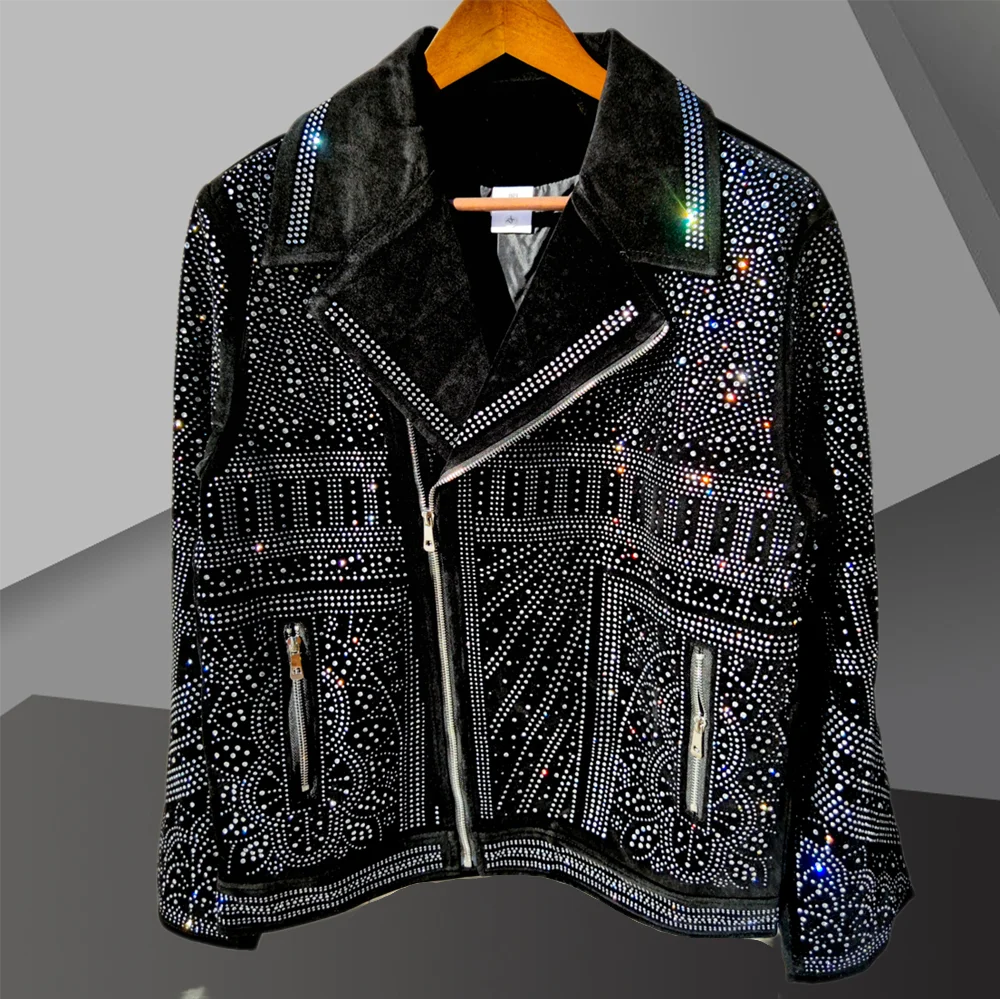 Black Rhinestones Jacket Men Jacket Coat Jaqueta Bomber Diamond 2024 New Top Quality Luxury Hot Drill Punk Club Outfit Jacket