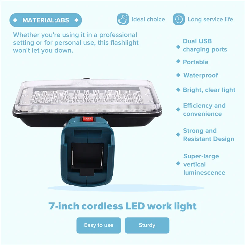 

ABFU-Camping Рабочий фонарь 7-дюймовый беспроводной светодиодный фонарик для 18 В 14 В с двумя USB-литиевыми батареями Архитектурное освещение