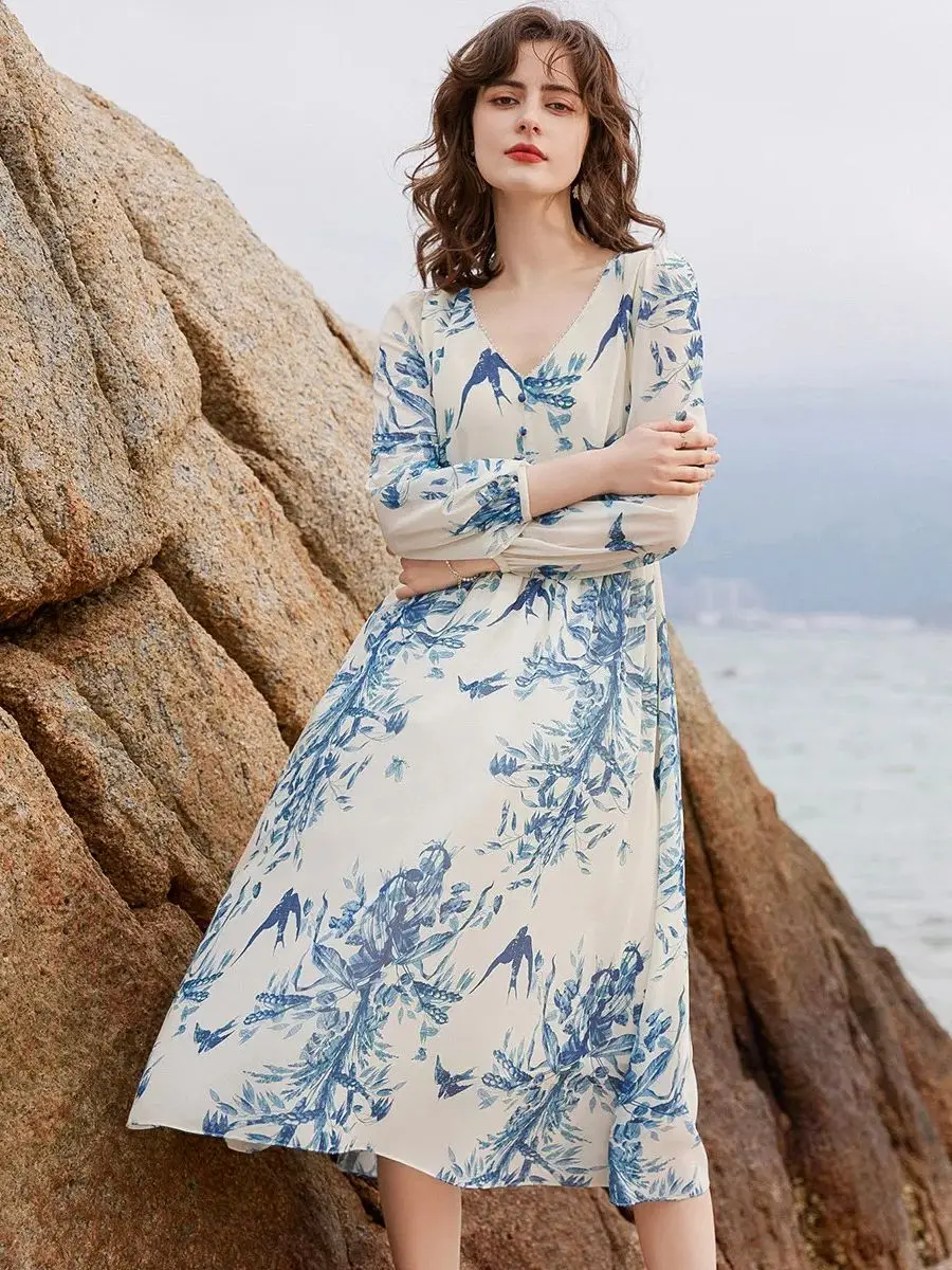 LOUIS YAO Women Dress Elegant V Neck Long Sleeve Print Summer Dress French Style High Waist A-line Slim Fit Long Dress