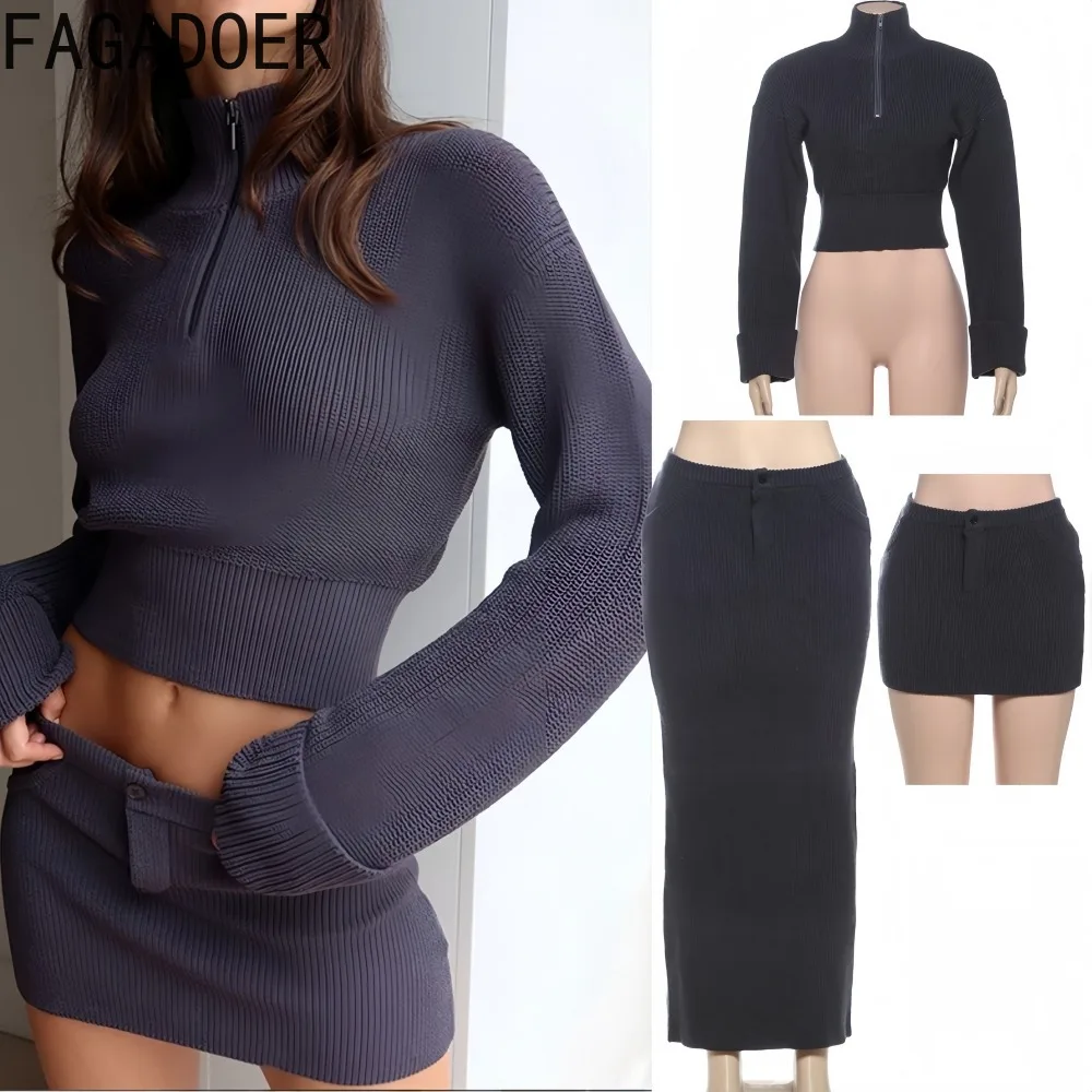 FAGADOER Fashion Knitted Zipper Patchwork Long Sleeve Crop Sweater Tops and Basic Mini Skirt Women Two Piece Set Winter 2025 New
