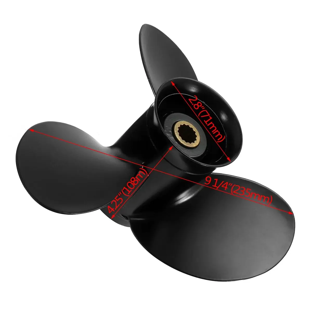 Hélice de alumínio para Tohatsu-Mercury fora de bordo, 3 lâminas, 9 1/4x9, 14 Spline Tooth, 9.9-18HP, 3BAB645180, 362B641010, 48-897750A11