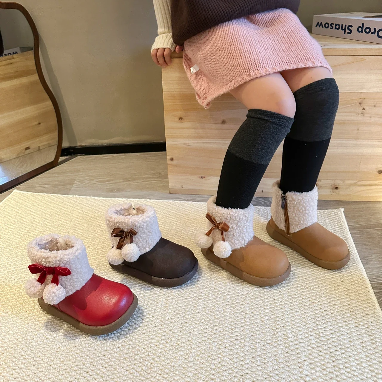 

Girls Short Boots Suede Warm Kids Ankle Boots with Side Zipper 2025 Winter New Children Princess Boots Sweet Bow Korean Style