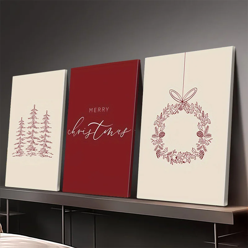 Set of 3 Christmas canvas wall murals, simple redwood, wreath and 