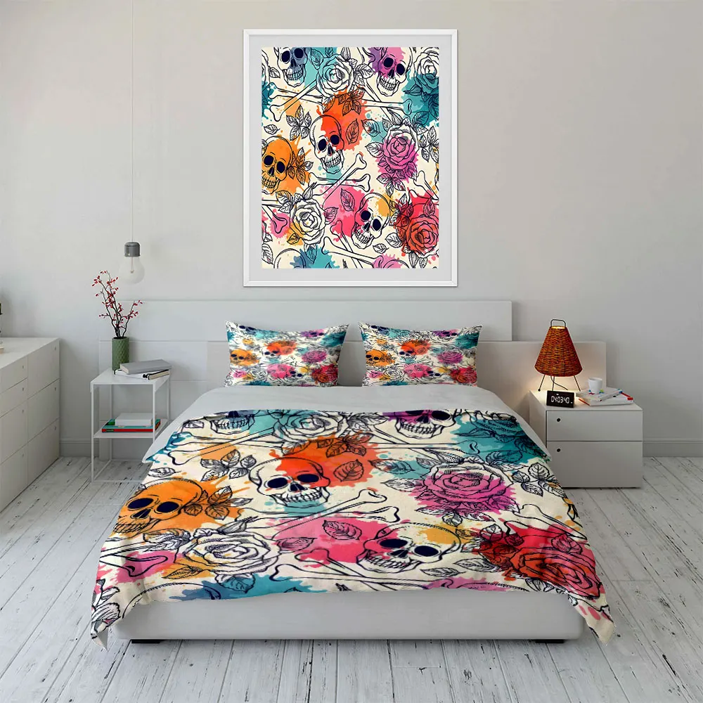 

"Skull Rose Pattern Decoration Set" Multiple sizes kid's and adults' bedroom Exquisite 3PC bedding set, gift