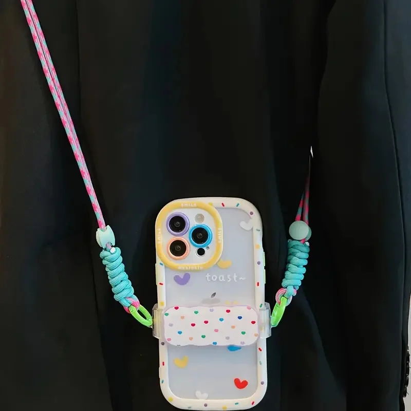 For iPhone 11 12 13 14 15 Phone Shell Colorful Love Heart Phone Case With Crossbody Back Clip And Hanging Rope Cell Phone Funda