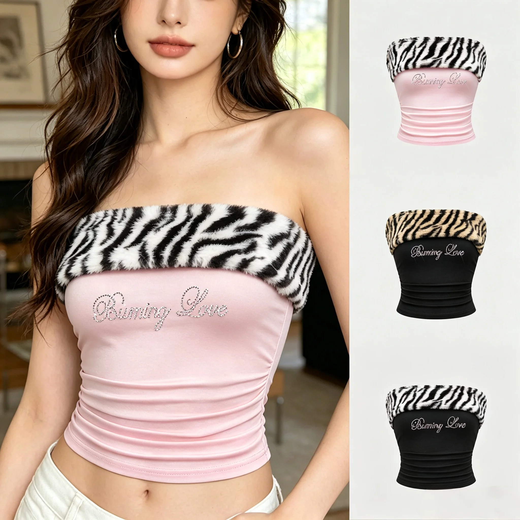 Vintage Y2K Strapless Tube Top Zebra Plush Edge Rhinestone Letter Camisole Ruched Slim Fit Crop Top Girls Streetwear Party Vest