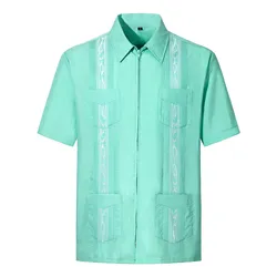 Men's Short Sleeve Cuban Guayabera Shirts Full Zip Front Mexican Shirt With Pocket shirt Loose Streetwear Retro Style