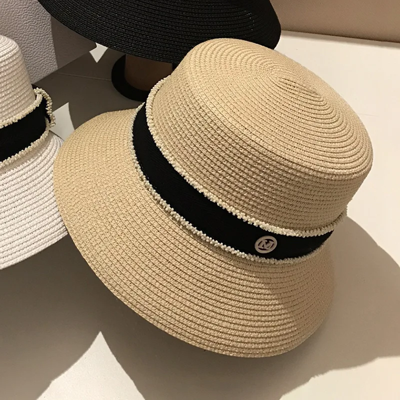 New Summer Straw Sun Hats for Women Ladies Fashion Flat Brim Ribbon Beach Hat Travel Cap Chapeau Femme Bucket Hat