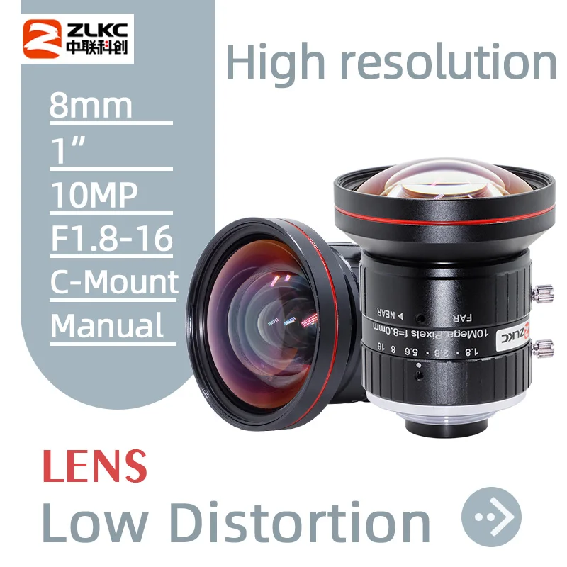 ZLKC 8mm Lens 1‘’ 10MP C Mount F1.8 Low Distortion Machine Vision Manual iris Lens for Industrial Camera High resolution