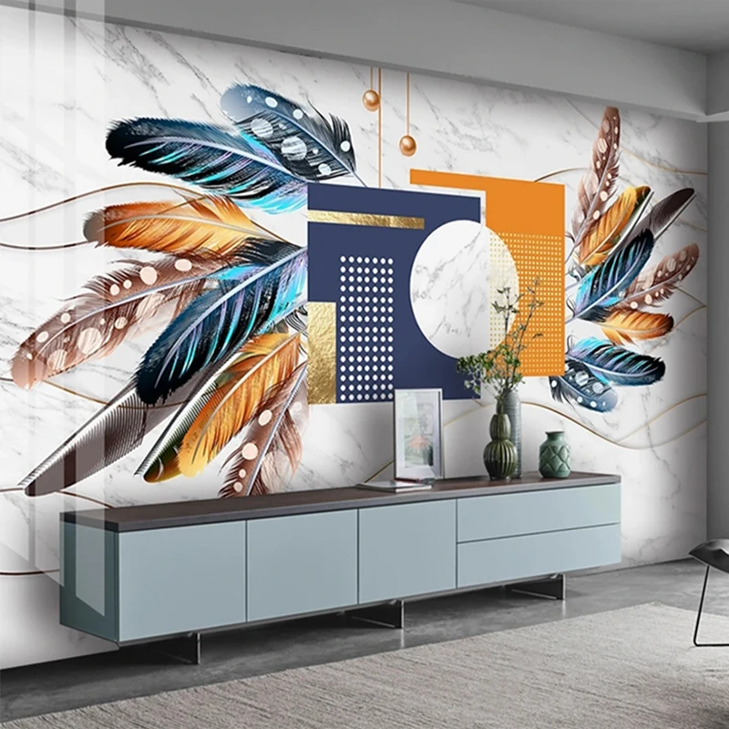 Custom 3D Marble Pattern Photo Mural Colorful Feather Butterfly Non-woven Wallpaper for Bedroom Living Room TV Wall Home Decor