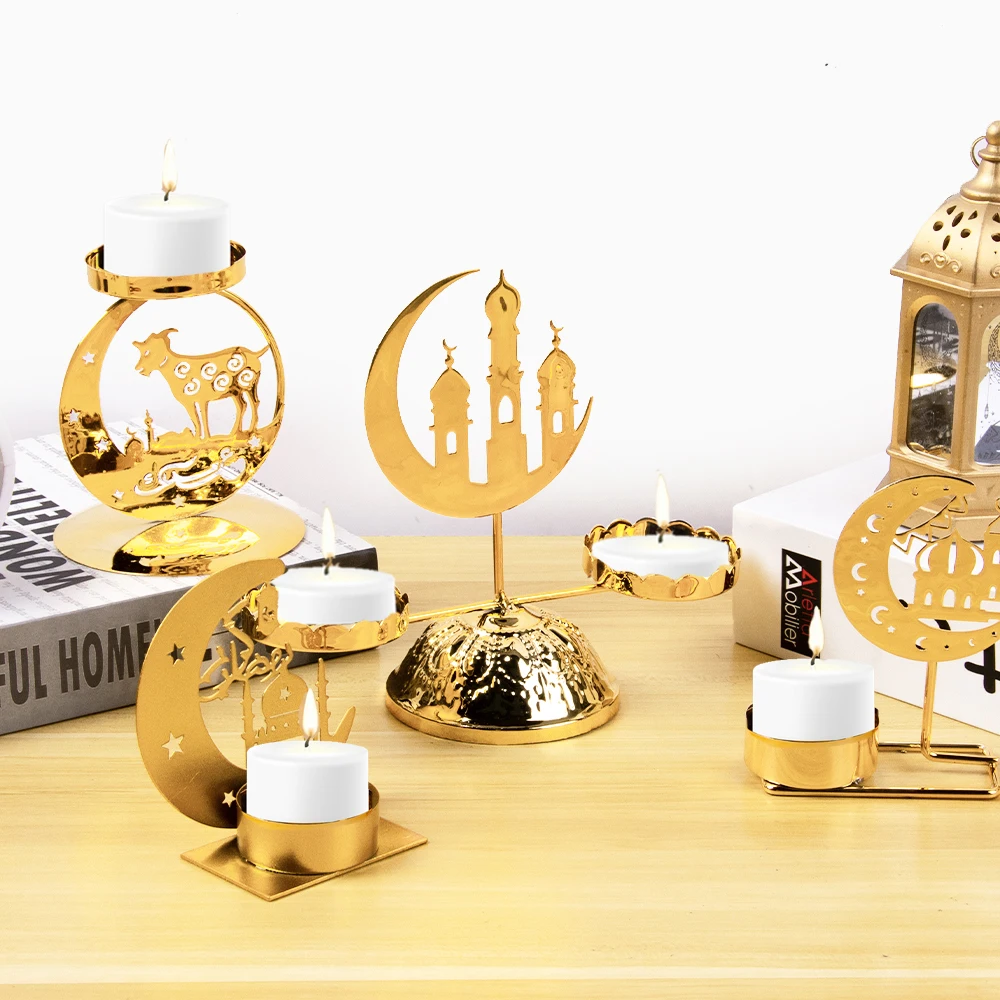 Ramadan Moon Shape Candle Holder Metal Golden Eid Mubarak Candlestick Base Dining Table Ornament Islamic Muslim Party Home Decor