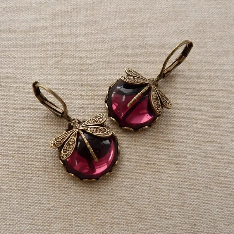 Rose Red Retro Glass Cabochon, Victorian Brass Dragonfly Earrings, A Beautiful Gift For Women