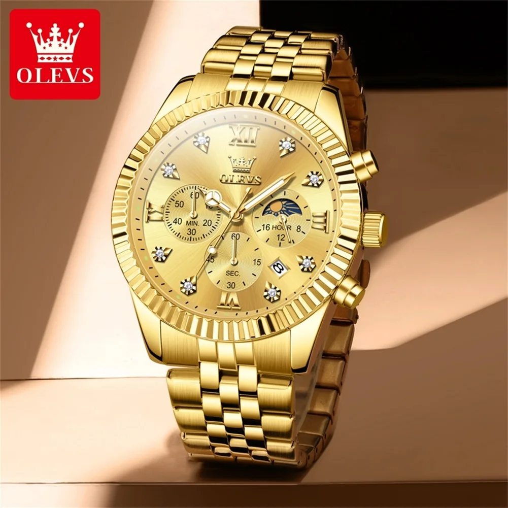 OLEVS Gold luxury watch men waterproof quartz watches Stainless steel male watch Dress moon phase watches for men gifts