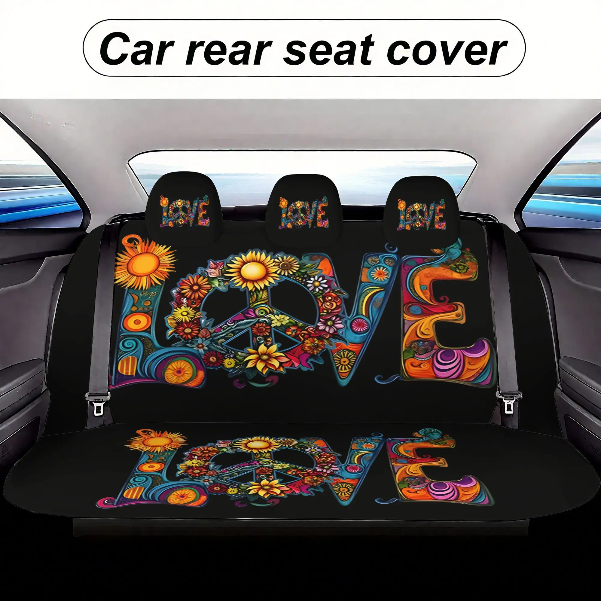 7pcs Love Peace Floral Letters Universal Car Seat Covers With Prints Including 2 Front Seat Covers+ 1 Rear Seat Back Cover + 1Re