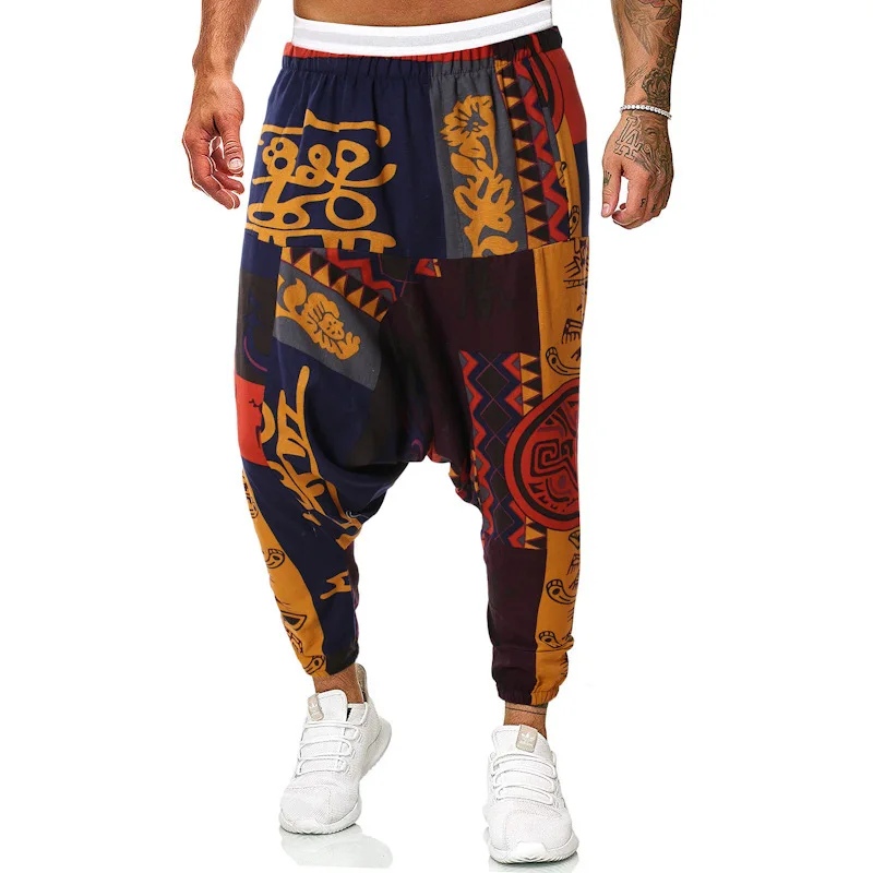 Men\'s harem pants linen cotton casual trousers Africa print jogging loose hip hop party trousers 7 colors