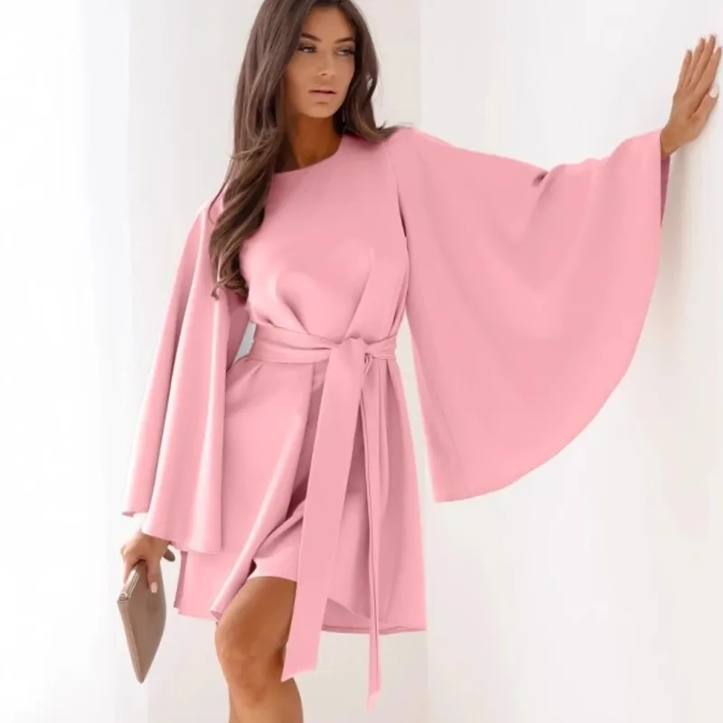 2025 женское модное сексуальное платье, весна-лето, последняя осень, однотонное мини-платье с круглым вырезом и длинными рукавами на талии для женщин