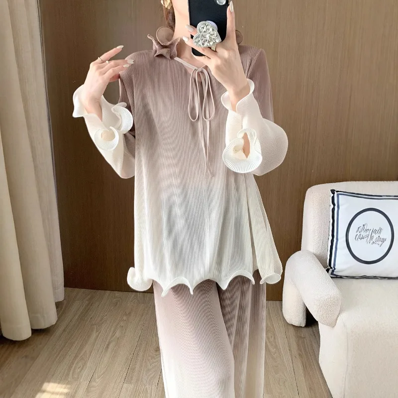 Miyake-Tops plisados para mujer, camiseta de manga larga suave y elegante, conjunto de pantalones rectos de pierna ancha con cintura elástica de talla grande, otoño