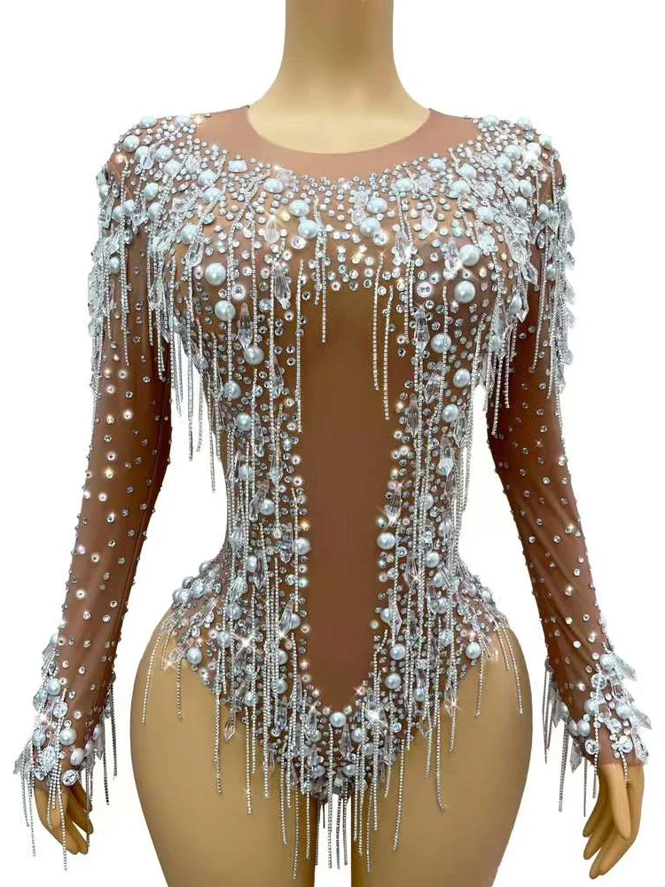 

Sparkly Rhinestones Chain Tassels Women Jumpsuit Sexy Perspective Elastic Mesh Evening Party Club Bodysuit Show Stage Wear