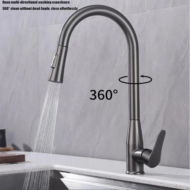 Stainless Steel Gun Gray Kitchen Wash Basin 360° Rotation Can Be Drawn Hot And Cold Faucet