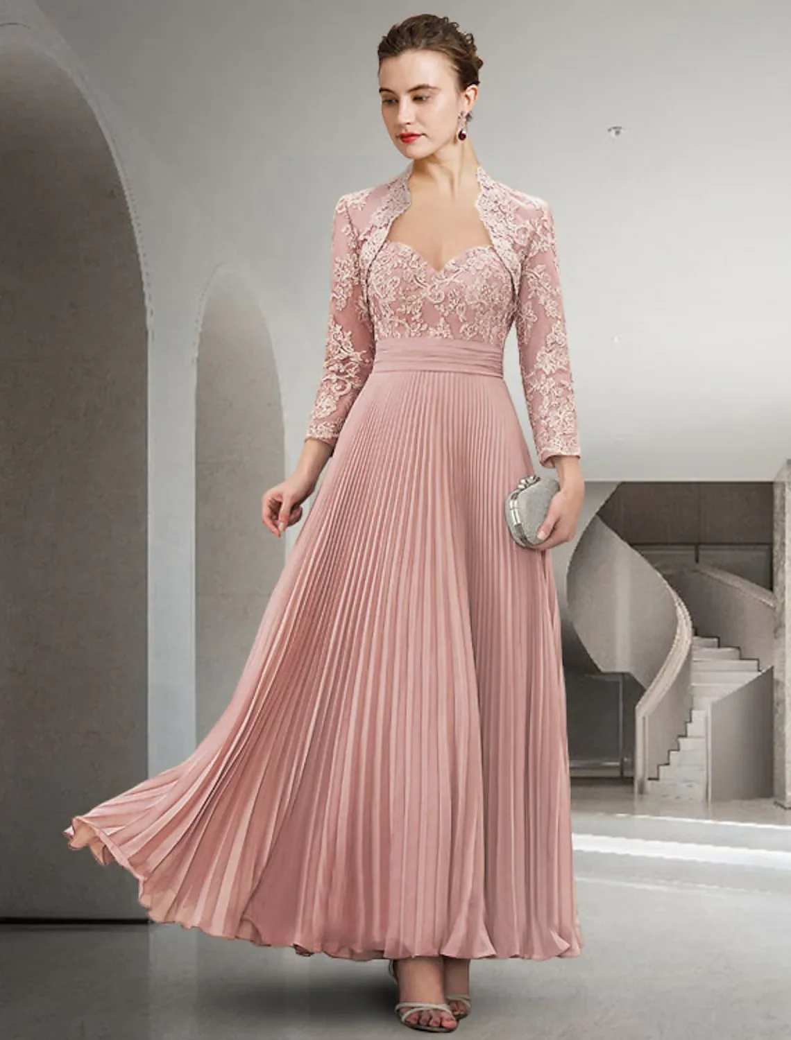 

Two Piece A-Line Mother of the Bride Dress Elegant Sweetheart Neckline Floor Length Chiffon Lace Long Sleeve with Pleats