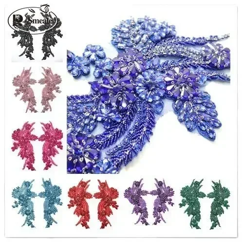 1Pair Multi-color Hand-sewn Glass Drill Mirror Flowers Sparkling Rhinestone Coats Waistbands Shoulders Wedding Dress DIY Patch