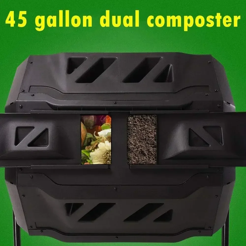 Large 45 Gallon Dual Chamber Rotating Compost Bin with Wider Sliding Door for Outdoor Garden Composting