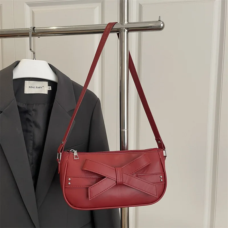 

Vintage Bow Square Shoulder Bags for Women Versatile Solid Color Ladies Pu Underarm Bag Simple Female Phone Handbags Purse