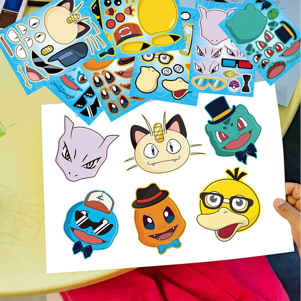 8/16 Blatt Pokemon Puzzle montieren Aufkleber kreative pädagogische Puzzle Aufkleber machen ein Gesicht Kinder Spielzeug DIY Wand Geschenk Auto Notizbuch