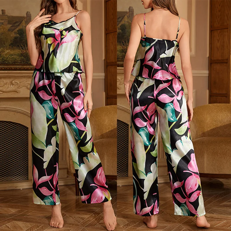 Sling top & calças 2 peças senhora sexy homewear renda guarnição pijamas roupa sem mangas pijamas lazer lingerie impressão pjs camisola