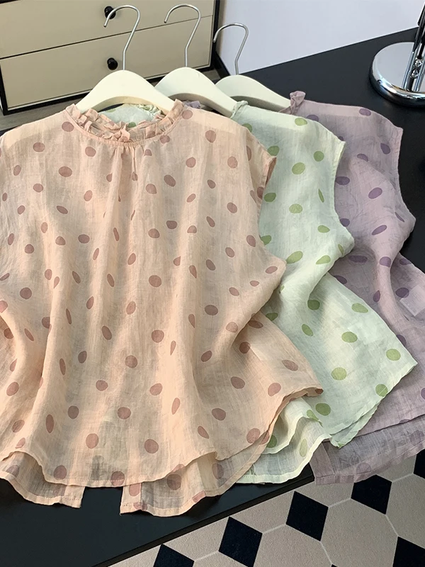 

Summer Lightweight Breathable Polka Dot Sleeveless Casual round Neck Women's Shirt plus Size Artistic Versatile Large Size Women
